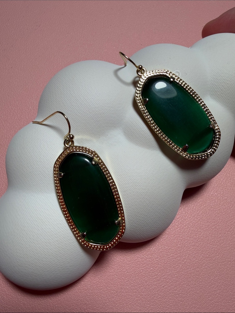 Kendra Scott Gold-Frame Green Oval Cat Eye Drop Earrings - Picture 5 of 6